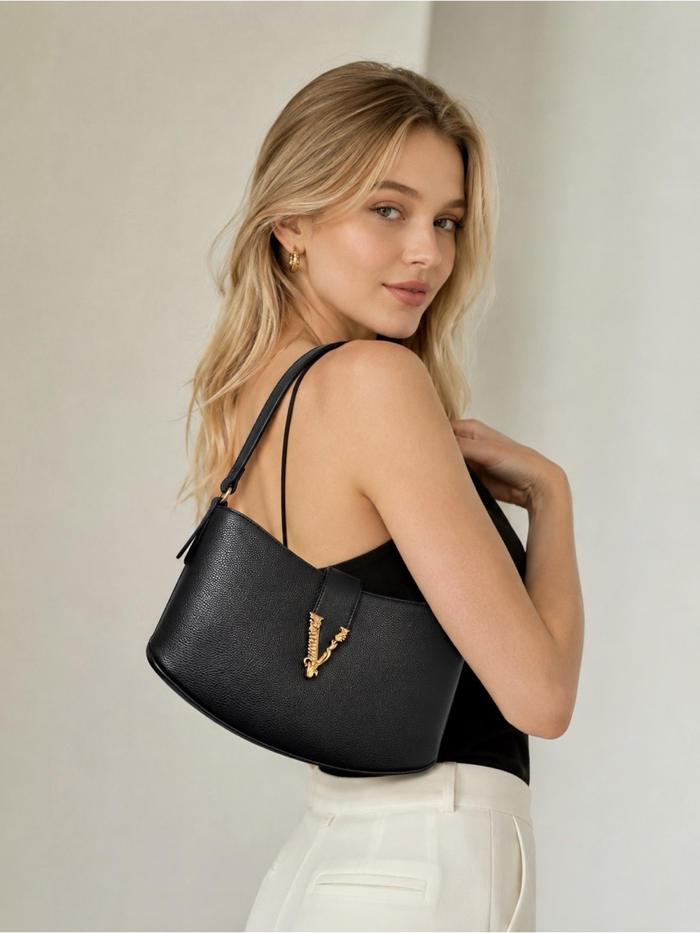 Versace Black virtus Pebbled Leather Shoulder Bag with Gold new